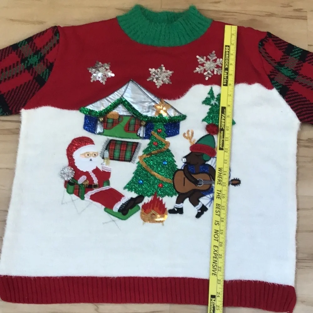 Merry & Bright Fuzzy Embroidered Santa Rudolph Camp Funny Ugly Christmas Sweater